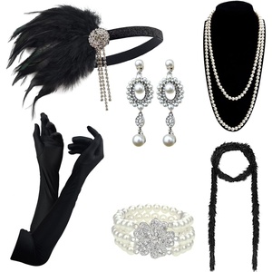 DRESHOW 1920s Great Gatsby Accessories for Women Flapper Headpiece Headband Gloves Costume Harlem Nights Accessories Set(1920s Gatsby Black  Silver Pearl Drop Earrings Set)