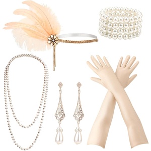 DRESHOW 1920s Great Gatsby Accessories for Women Flapper Headpiece Headband Gloves Costume Harlem Nights Accessories Set(1920s Gatsby Champagne  Gold  Silver  Pearl Set)