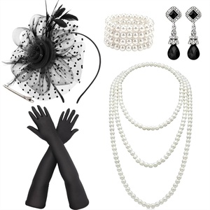 DRESHOW 1920s Great Gatsby Accessories for Women Flapper Headpiece Headband Gloves Costume Harlem Nights Accessories Set(5 Pcs Set Style 2: Black)
