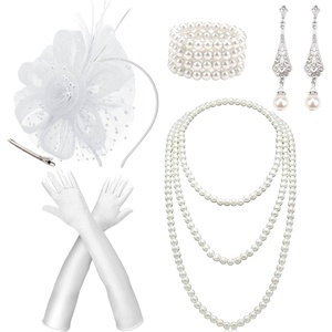 DRESHOW 1920s Great Gatsby Accessories for Women Flapper Headpiece Headband Gloves Costume Harlem Nights Accessories Set(5 Pcs Set Style 2: White)