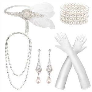 DRESHOW 1920s Great Gatsby Accessories for Women Flapper Headpiece Headband Gloves Costume Harlem Nights Accessories Set(5 Pcs Set: White & Silver)