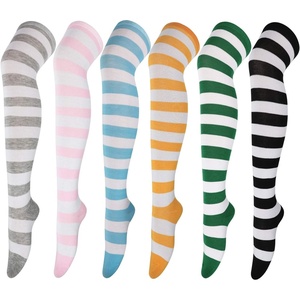 DRESHOW 6 Pairs High Thigh Socks Striped Over Knee Thin Tights Long Stocking for Women Leg Warmer(6 Pairs: Black  Blue  Pink  Orange  Gray  Green a)