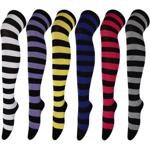 DRESHOW 6 Pairs High Thigh Socks Striped Over Knee Thin Tights Long Stocking for Women Leg Warmer(6 Pairs: Black  Purple  Yellow  Navy  Red  Gray)