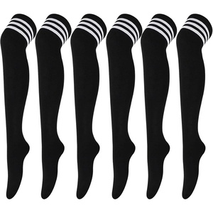 DRESHOW 6 Pairs High Thigh Socks Striped Over Knee Thin Tights Long Stocking for Women Leg Warmer(6 Pairs: Black Stripe)