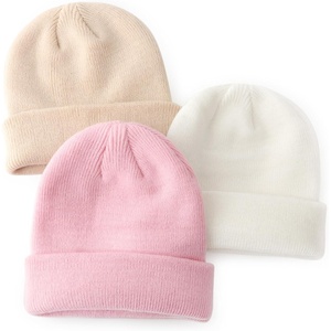 DRESHOW BQUBO 3 Pack Baby Beanies Toddler Kids Winter Hats Soft Knit Hat for Baby Boys Girls Warm Cap Beanies(3 Pack Knit Cap: White  Beige  Light Pink)