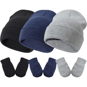 DRESHOW BQUBO 3 Pack Baby Beanies Toddler Kids Winter Hats Soft Knit Hat for Baby Boys Girls Warm Cap Beanies(3 Sets Knit Hat & Mittens: Light Grey  Navy Blue  Black)