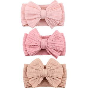 DRESHOW BQUBO Handmade Baby Headbands Soft & Stretchy Hair Bands with Bows Nylon Bows Hairbands for Girls Newborn Infant Toddlers Hair Accessories 3 pack(3 Pack Twists Patterned Bows: Pink  Light Pink  Beige-pink)