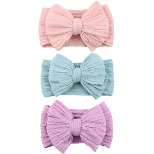 DRESHOW BQUBO Handmade Baby Headbands Soft & Stretchy Hair Bands with Bows Nylon Bows Hairbands for Girls Newborn Infant Toddlers Hair Accessories 3 pack(3 Pack Bow Knit Spiral Patterned D)