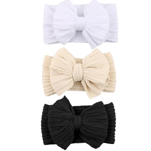 DRESHOW BQUBO Handmade Baby Headbands Soft & Stretchy Hair Bands with Bows Nylon Bows Hairbands for Girls Newborn Infant Toddlers Hair Accessories 3 pack(3 Pack Twists Patterned Bows: White  Black  Beige)