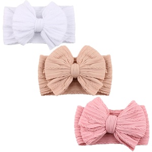 DRESHOW BQUBO Handmade Baby Headbands Soft & Stretchy Hair Bands with Bows Nylon Bows Hairbands for Girls Newborn Infant Toddlers Hair Accessories 3 pack(3 Pack Bow Knit Spiral Patterned: White  Beige-pink  Pink)