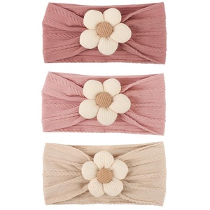 DRESHOW BQUBO Handmade Baby Headbands Soft & Stretchy Hair Bands with Bows Nylon Bows Hairbands for Girls Newborn Infant Toddlers Hair Accessories 3 pack(3 Pcs: Beige/Pink/Dark Pink)