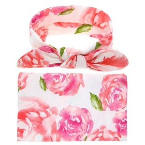 DRESHOW BQUBO Newborn Receiving Blanket with Bow Hat Set Flower Print Baby Swaddle Blankets with Beanie Nursery Swaddle Wrap 3 Sets(1 Set Big Flower Pink With Headband)