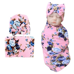 DRESHOW BQUBO Newborn Receiving Blanket with Bow Hat Set Flower Print Baby Swaddle Blankets with Beanie Nursery Swaddle Wrap 3 Sets(1 Set Printed Baby Gifts: Bow Hat + Blanket (Classic Pink))