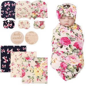 DRESHOW BQUBO Newborn Receiving Blanket with Bow Hat Set Flower Print Baby Swaddle Blankets with Beanie Nursery Swaddle Wrap 3 Sets(3 Floral Sets: Blanket + Bow Hat + Mittens + Birth Announcement Card a)
