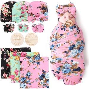 DRESHOW BQUBO Newborn Receiving Blanket with Bow Hat Set Flower Print Baby Swaddle Blankets with Beanie Nursery Swaddle Wrap 3 Sets(3 Floral Sets: Blanket + Bow Hat + Mittens + Birth Announcement Card F)