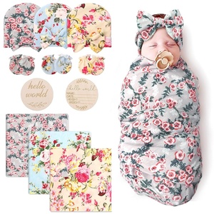 DRESHOW BQUBO Newborn Receiving Blanket with Bow Hat Set Flower Print Baby Swaddle Blankets with Beanie Nursery Swaddle Wrap 3 Sets(3 Floral Sets: Blanket + Bow Hat + Mittens + Birth Announcement Card G)