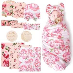 DRESHOW BQUBO Newborn Receiving Blanket with Bow Hat Set Flower Print Baby Swaddle Blankets with Beanie Nursery Swaddle Wrap 3 Sets(3 Pack Floral Newborn Swaddle & Headband Sets)
