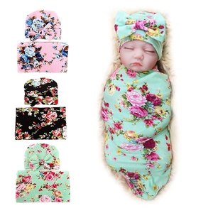 DRESHOW BQUBO Newborn Receiving Blanket with Bow Hat Set Flower Print Baby Swaddle Blankets with Beanie Nursery Swaddle Wrap 3 Sets(3 Sets Printed: Bow Hat + Blanket (Black  Pink  Green))