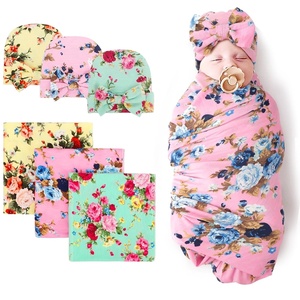 DRESHOW BQUBO Newborn Receiving Blanket with Bow Hat Set Flower Print Baby Swaddle Blankets with Beanie Nursery Swaddle Wrap 3 Sets(3 Sets Printed: Bow Hat + Blanket a)