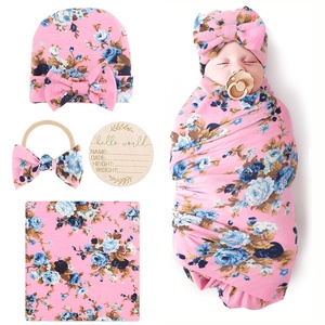 DRESHOW BQUBO Newborn Receiving Blanket with Bow Hat Set Flower Print Baby Swaddle Blankets with Beanie Nursery Swaddle Wrap 3 Sets(Floral Patterned B: Birth Announcement Card + Hat + Elastic Headband + Blanket)
