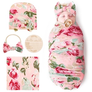 DRESHOW BQUBO Newborn Receiving Blanket with Bow Hat Set Flower Print Baby Swaddle Blankets with Beanie Nursery Swaddle Wrap 3 Sets(Rose Patterned: Birth Announcement Card + Hat + Elastic Headband + Blanket)