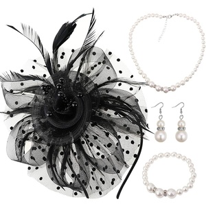 DRESHOW Fascinators Hat Flower Mesh Ribbons Feathers on a Headband and a Clip Tea Party Headwear for Girls and Women(7″ Black + Necklace+ Earrings+ Bracelet)