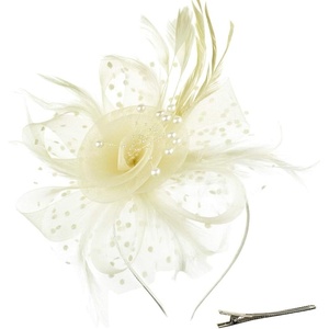 DRESHOW Fascinators Hat Flower Mesh Ribbons Feathers on a Headband and a Clip Tea Party Headwear for Girls and Women(7″ Diameter / Beige)