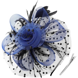 DRESHOW Fascinators Hat Flower Mesh Ribbons Feathers on a Headband and a Clip Tea Party Headwear for Girls and Women(7″ Diameter / Black & Blue)