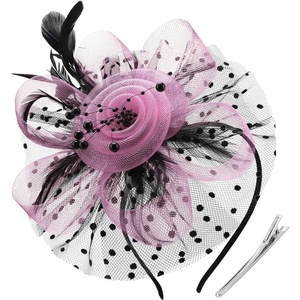 DRESHOW Fascinators Hat Flower Mesh Ribbons Feathers on a Headband and a Clip Tea Party Headwear for Girls and Women(7″ Diameter / Black & Pink)