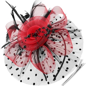 DRESHOW Fascinators Hat Flower Mesh Ribbons Feathers on a Headband and a Clip Tea Party Headwear for Girls and Women(7″ Diameter / Black & Red)