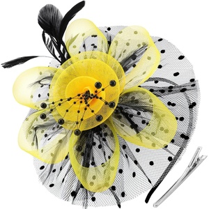 DRESHOW Fascinators Hat Flower Mesh Ribbons Feathers on a Headband and a Clip Tea Party Headwear for Girls and Women(7″ Diameter / Black & Yellow)