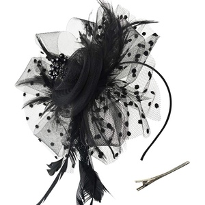 DRESHOW Fascinators Hat Flower Mesh Ribbons Feathers on a Headband and a Clip Tea Party Headwear for Girls and Women(7″ Diameter / Black)