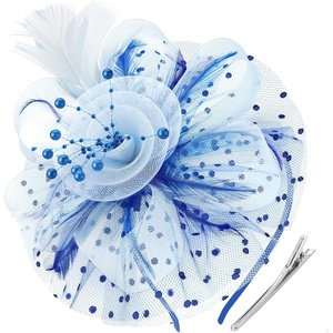 DRESHOW Fascinators Hat Flower Mesh Ribbons Feathers on a Headband and a Clip Tea Party Headwear for Girls and Women(7″ Diameter / Blue & Light Blue)