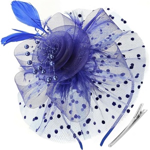 DRESHOW Fascinators Hat Flower Mesh Ribbons Feathers on a Headband and a Clip Tea Party Headwear for Girls and Women(7″ Diameter / Blue Violet)
