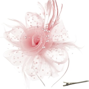 DRESHOW Fascinators Hat Flower Mesh Ribbons Feathers on a Headband and a Clip Tea Party Headwear for Girls and Women(7″ Diameter / Blush Pink)