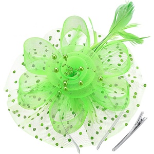 DRESHOW Fascinators Hat Flower Mesh Ribbons Feathers on a Headband and a Clip Tea Party Headwear for Girls and Women(7″ Diameter / Bright Green)