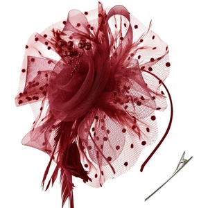 DRESHOW Fascinators Hat Flower Mesh Ribbons Feathers on a Headband and a Clip Tea Party Headwear for Girls and Women(7″ Diameter / Burgundy)