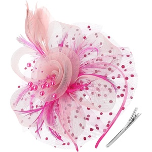DRESHOW Fascinators Hat Flower Mesh Ribbons Feathers on a Headband and a Clip Tea Party Headwear for Girls and Women(7″ Diameter / Dark Pink & Light Pink)