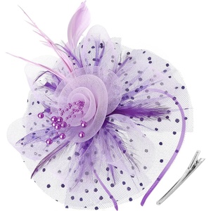 DRESHOW Fascinators Hat Flower Mesh Ribbons Feathers on a Headband and a Clip Tea Party Headwear for Girls and Women(7″ Diameter / Dark Purple & Light Purple)