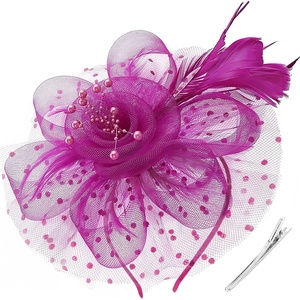 DRESHOW Fascinators Hat Flower Mesh Ribbons Feathers on a Headband and a Clip Tea Party Headwear for Girls and Women(7″ Diameter / Dark Reddish Purple)