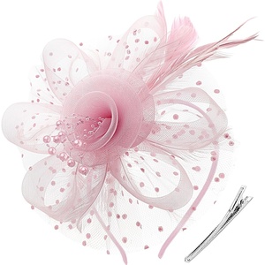 DRESHOW Fascinators Hat Flower Mesh Ribbons Feathers on a Headband and a Clip Tea Party Headwear for Girls and Women(7″ Diameter / Dusty Pink)