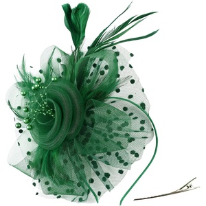 DRESHOW Fascinators Hat Flower Mesh Ribbons Feathers on a Headband and a Clip Tea Party Headwear for Girls and Women(7″ Diameter / Emerald Green)