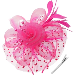 DRESHOW Fascinators Hat Flower Mesh Ribbons Feathers on a Headband and a Clip Tea Party Headwear for Girls and Women(7″ Diameter / Fuschia)