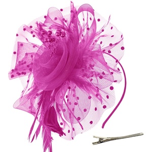 DRESHOW Fascinators Hat Flower Mesh Ribbons Feathers on a Headband and a Clip Tea Party Headwear for Girls and Women(7″ Diameter / Fushia)