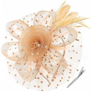 DRESHOW Fascinators Hat Flower Mesh Ribbons Feathers on a Headband and a Clip Tea Party Headwear for Girls and Women(7″ Diameter / Gold)