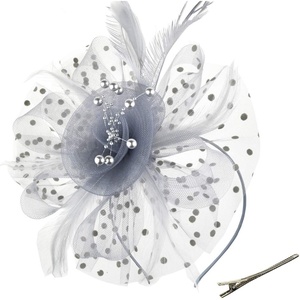 DRESHOW Fascinators Hat Flower Mesh Ribbons Feathers on a Headband and a Clip Tea Party Headwear for Girls and Women(7″ Diameter / Grey)