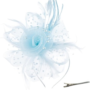 DRESHOW Fascinators Hat Flower Mesh Ribbons Feathers on a Headband and a Clip Tea Party Headwear for Girls and Women(7″ Diameter / Light Blue)