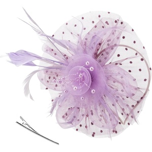 DRESHOW Fascinators Hat Flower Mesh Ribbons Feathers on a Headband and a Clip Tea Party Headwear for Girls and Women(7″ Diameter / Light Purple)
