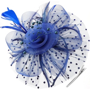 DRESHOW Fascinators Hat Flower Mesh Ribbons Feathers on a Headband and a Clip Tea Party Headwear for Girls and Women(7″ Diameter / Navy & Dark Blue)