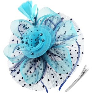 DRESHOW Fascinators Hat Flower Mesh Ribbons Feathers on a Headband and a Clip Tea Party Headwear for Girls and Women(7″ Diameter / Navy & Teal)